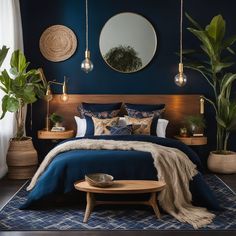 a bedroom with blue walls and plants in the corner, along with a large bed