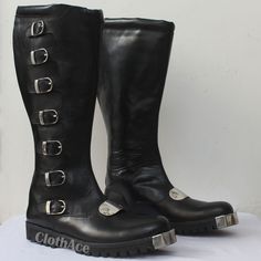 Description: Made with real leather Real leather tough sole Metal buckle and plates Completely handmade Making and Shipping time: These boots take around 4-5 weeks to be made. Generally, they are delivered within 3-5 days after dispatching. They will be shipped by USPS, FedEx, DHL or any other courier. Selecting your size: Choose any size that you think would be best. I will contact you if more information is required. Returns: Returns are accepted! As this is a custom made and expensive item, p Punk Leather Boots With Rubber Sole, Punk Leather Boots With Leather Sole, Leather Boots With Rivets For Cosplay, Punk Leather Moto Boots With Reinforced Toe, Punk Leather Moto Boots With Protective Metal Feet, Leather Boots With Rivets And Snip Toe, Gothic Leather Boots With Buckle Closure, Punk Style Leather Boots With Reinforced Toe, Punk Leather Boots With Reinforced Toe