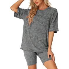 Description: Made of soft knit ribbed fabric, keep you comfy with this sleepwear set. These sets are suitable for daily, nightwear, sleeping, girls' day, indoor, etc. This basic sweatshirt and slim shorts set offer you comfort and casual loungewear. Solid color and basic design make this set classic and timeless for everyday wear. Perfect gift for all ladies when at home or enjoying a cozy lounging time. Solid Crew Neck Sets For Loungewear, Casual Ribbed Sets For Loungewear, Comfy Gray Tops For Lounging, Solid Ribbed Loungewear Set, Cozy Ribbed Sleepwear For Lounging, Cozy Sleepwear For Loungewear, Comfortable Soft Texture Tops For Loungewear, Comfortable Gray Tops For Lounging, Gray Relaxed Fit Loungewear Set