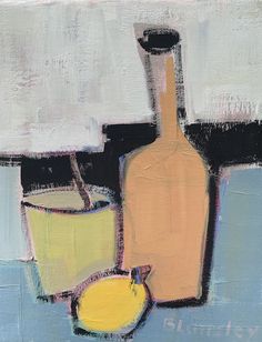 an abstract painting of a bottle, lemons and glasses on a blue tablecloth