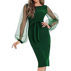 Women's Elegant Pencil Dress Pure Green 95% Polyester, 5% Spandex Tie Closure Materials: 95% Polyester, 5% Spandex Elegant, Vintage. Bishop Long Sleeve, Flower Applique, Mesh Contrast, Tie Waist, Zipper Back Great For Casual Occasions And Work Office Fitted Bodycon Dress With Sheer Sleeves For Spring, Green Fitted Dress With Sheer Sleeves, Sheer Sleeve Sheath Midi Dress, Spring Sheer Sleeves Knee-length Bodycon Dress, Fitted Green Bodycon Dress For Brunch, Green Fitted Bodycon Dress For Brunch, Long Sleeve Maternity Dress, Dress Women Elegant, Beautiful Dresses For Women