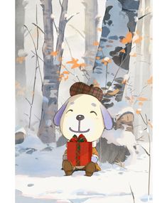 a cartoon dog holding a red present in the snow with trees and leaves behind it