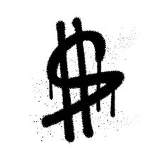 a black and white image of a dollar sign with paint splattered on it