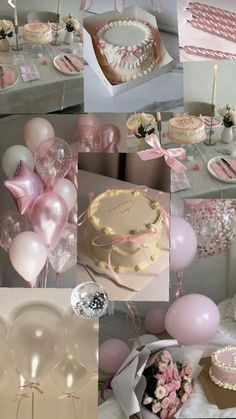 a collage of photos with balloons, cake and other items