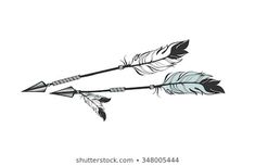 two arrows with feathers on them are drawn by hand in black and white, isolated against a