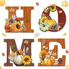 the letter d is decorated with sunflowers, pumpkins and acorns