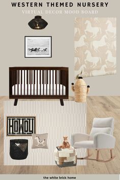 A nursery design that is gender neutral and has a western theme with cowboy decor and horse decor. A Wild West nursery design that is gender neutral with horses and a western theme with a rocking horse and ikat design. McGee and co nursery design. Horses Nursery Theme, Western Modern Nursery, Tan And Black Nursery, Gender Neutral Nursery Rug, Boho Cowboy Nursery, Black And White Western Nursery, Gender Neutral Nursery Western, Neutral Cowboy Nursery