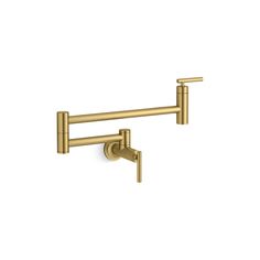 a gold faucet with two handles on the side and one arm in the middle