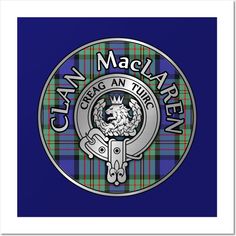 clan macla mean tartan badge with the scottish flag in the middle and an image of