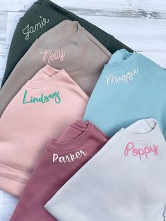 Custom Embroidered Sweatshirt Choose Your Font Personalized - Etsy Personalized Long Sleeve Sweatshirt, Cotton Sweatshirt With Name Print For Personalized Gift, Personalized Pink Crew Neck Sweatshirt, Personalized Cotton Crew Neck Sweatshirt, Personalized Cotton Sweatshirt With Name Print, Custom Text Cotton Tops For Personalized Gift, Personalized Crew Neck Top, Personalized Long Sleeve Tops With Custom Text, Personalized Name Print Crew Neck Top