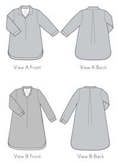 four different types of dresses with long sleeves and collars, all in various sizes