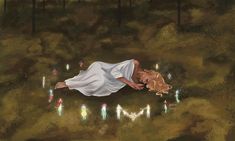 a painting of a woman laying on the ground surrounded by fairy lights and candles in the woods