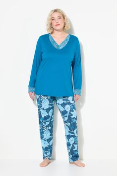 Floral Pajama Set - Scalloped lace trim and a bold floral print will make this comfy cotton-modal blend set a fast favorite. Floral Pajama Set, Floral Two Piece, Bold Floral Print, Scalloped Lace, Pyjama Set, Dark Teal, Two Piece Sets, Pajama Set, Lace Trim