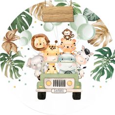 a safari themed birthday party with jungle animals and giraffes in the back of a jeep