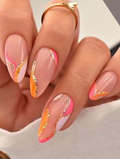 Elevate Your Style with 24pcs Long Almond Color Block Glitter Line Fake Nail & 1sheet Tape & 1pc Nail File | SHEIN USA Orange Nail, Lines On Nails, Makijaż Smokey Eye, Nail Inspiration, Chic Nails, Short Acrylic Nails, Nail Polishes