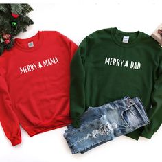 Celebrate the holiday season wearing our custom merry mama dad christmas sweatshirts. The sweatshirts are Unisex Adult Sizing (not women's fitted sweatshirt ). If you're going for a more fitted look, we suggest to size down or Size up for an oversized look. These shirts are unisex fit.Please use the measurements chart in the pictures section to determine your correct size. Please Size up for an oversized look. Lay your favorite shirt at home flat and measure armpit to armpit to compare to the si Valentine Couple, Mrs Sweatshirt, Couples Sweaters, Couple Christmas, Christmas Pregnancy, Funny Christmas Sweaters, Matching Mom, Couples Sweatshirts, Christmas Couple