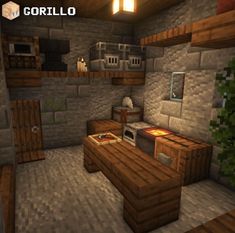 an image of a room in the minecraft with lots of wood and stone furniture