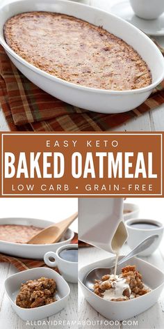 baked oatmeal is being poured into a casserole dish and then topped with cream