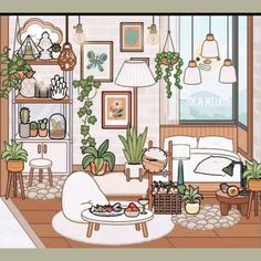 a living room filled with lots of plants and pictures on the wall next to a bed