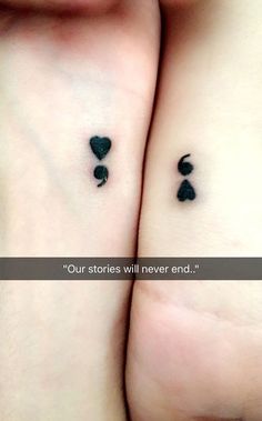 two small black hearts tattoo on their arms with the words, our stories will never end