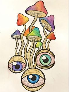 an artistic drawing of mushrooms and eyes