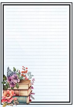 a blank paper with flowers and books on it