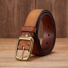 Luxury Cowhide Leather Belt for Men Elevate your style with our 3.3cm high-quality real cowhide leather belt for men. Crafted with precision, this designer belt features a luxurious copper buckle that adds a touch of sophistication to your outfit. Whether you're wearing jeans or embracing a cowboy look, this genuine leather strap is the perfect accessory. Its durability ensures long-lasting quality, while the classic design complements any attire. Upgrade your fashion game with this versatile an Luxury Brown Belt With Brass Buckle, Classic Vintage Brown Belt With Brass Buckle, Vintage Brown Belt For Business, Brown Business Belt With Brass Buckle, Brown Belts And Suspenders With Antique Buckle For Business, Ikat Pinggang, Men Coffee, Designer Belt, Mens Belts