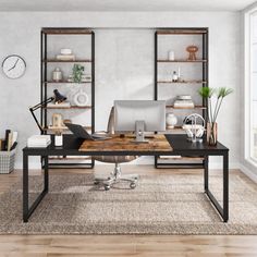 an office area with a desk, shelves and bookshelves