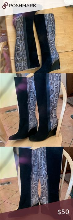 Loft Black Suede and Snake Print Women's Wedge Boots. New / Unworn Size 11