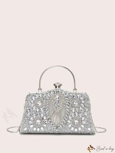 BirdinBag - Elegant Rhinestone-Embellished Small Box Bag for Weddings, Proms, and Special Events Silver Crystal Rectangular Bag, Silver Rectangular Crystal Bag, Rectangular Silver Crystal Bag, Embellished Clutch Bags For Prom, Rectangular Wedding Clutch With Rhinestones, Rectangular Rhinestone Wedding Clutch, Evening Crystal Bag In Rectangular Shape, Embellished Rectangular Evening Bag For Prom, Handheld Rhinestone Evening Bag For Formal Events