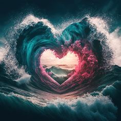 a heart shaped wave in the ocean with pink and teal hues on it