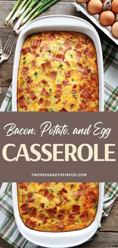 bacon potato and egg casserole in a baking dish with eggs on the side