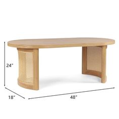 a wooden table with measurements for the top and bottom section, including an oval shape