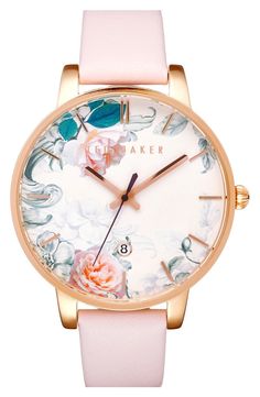 So in live with this adorable watch from Ted Baker! Lush blooms in soft pastel shades flourish on the gilded round dial with slender indices and a coordinating soft leather band. Style Hippie Chic, Pink Watch, Leather Strap Watch, Ladies Of London, Leather Watch Bands, Ted Baker London, Women's Watch, Hippie Chic, Hippie Style