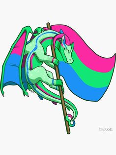 a rainbow colored unicorn holding a flag on top of it's back legs,