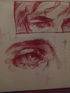 three different views of the same person's face and eyes, each with their own pencil