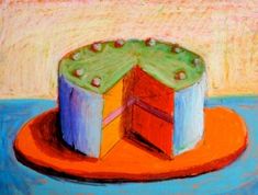 a painting of a cake on an orange plate