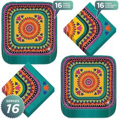 four placemats with colorful designs on the sides and one has a square shape