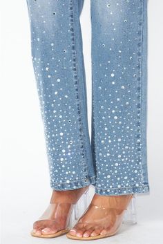 Get ready to elevate your denim game with our High Rise Rhinestone Denim Jean Pants! These pants feature a high rise silhouette and glamorous rhinestone detailing for a touch of sparkle. Perfect for adding some fun to your everyday look, these jeans are sure to become your new fashion go-to. (Just remember to accessorize with some sass!) Light wash denim High waisted Zipper/button closure Rhinestone detail Straight leg Eras Outfit, Rhinestone Denim, Outfit Inso, Rhinestone Jeans, Jean Pants, Rhinestone Bow, Mens Bow Ties, Handbag Shoes, Light Wash Denim