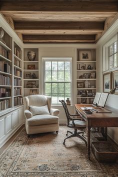 a chair and desk in a room with bookshelves