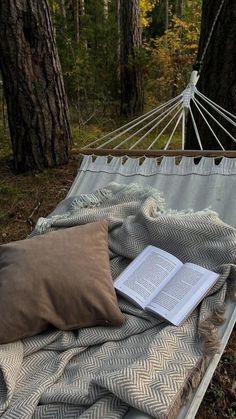 an open book is laying on a hammock in the woods with a pillow