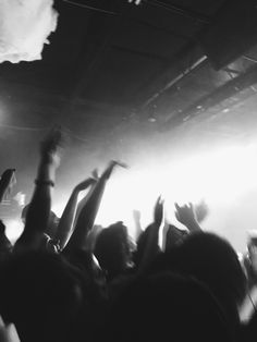 a group of people at a concert with their arms in the air