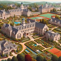 an artist's rendering of a large mansion with tennis courts and gardens in the foreground