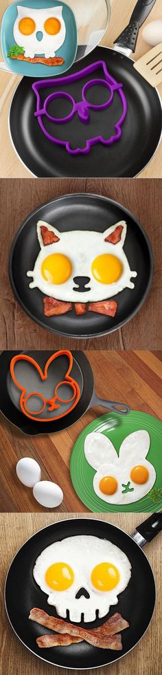 three plates with eggs and bacon on them, one has an image of a cat