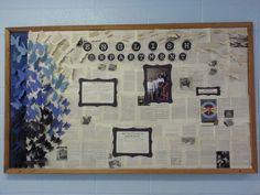 a bulletin board with pictures and photos on it in a school hallway or dorm room