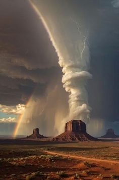 a rainbow is seen in the sky over a desert