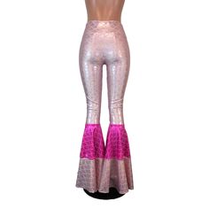 "**Due to SO MANY issues with USPS - we STRONGLY ENCOURAGE you to purchase the UPS Upgrade with your order located here: https://www.etsy.com/listing/926751536/ups-upgrade Funky and Bold new style of tiered flare bell bottoms in light pink mermaid holographic with a contrast of hot pink mermaid holographic. Perfect for your mermaid costume! These bell bottoms will fit you perfectly. They hug your hips and flare out at the feet. The standard inseam is 34\" but can be customized if you put your de Pink Stretch Pants For Party, Pink Stretch Leggings For Party, Pink High Waist Party Leggings, Pink High-waist Party Leggings, Pink High Waist Leggings For Party, High-waist Pink Leggings For Party, Pink Disco Party Bottoms, Stretch Flare Disco Bottoms, Flare Stretch Disco Bottoms