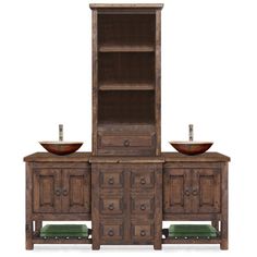 an old fashioned bathroom vanity with two sinks and cupboards on the side, against a white background