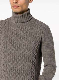 roll-neck Aran-knit jumper from DRUMOHR featuring ash grey, lambs wool, Aran knit, roll neck, long sleeves, ribbed cuffs and hem and straight hem. This item is in size 54 and the color is Winter Wool Textured Knit Turtleneck, Winter Textured Wool Turtleneck, Cable Knit Turtleneck Polo Sweater, Wool Turtleneck With Ribbed Collar For Winter, Wool Turtleneck With Knit Fabrication For Winter, Winter Wool Turtleneck With Knit Fabrication, Fitted Cable Knit Turtleneck With Funnel Neck, Wool Knit Turtleneck For Winter, Winter Wool Knit Turtleneck