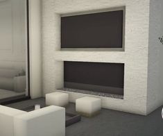 a modern living room with white furniture and fireplace